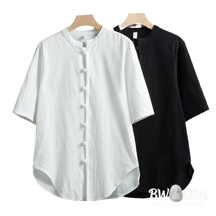 Buddha Stones Frog-Button Plain Chinese Tang Suit Short Sleeve Shirt Cotton Linen Men Clothing - Men’s Shirts