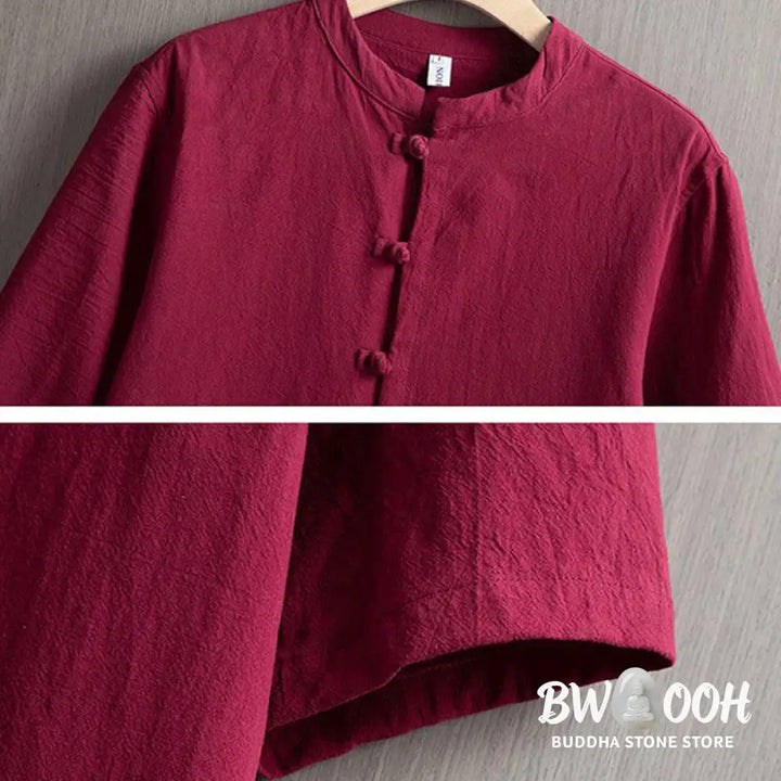 Buddha Stones Frog-Button Plain Chinese Tang Suit Short Sleeve Shirt Cotton Linen Men Clothing - Men’s Shirts
