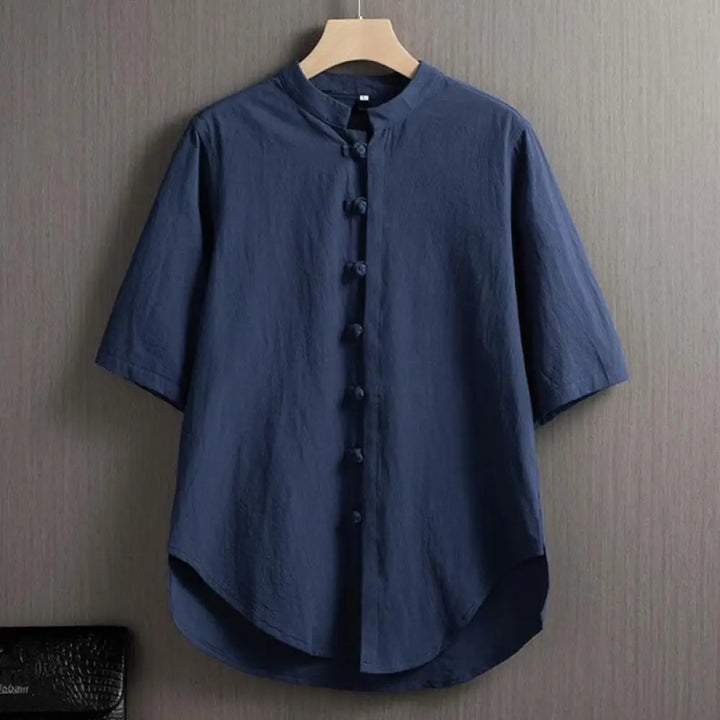 Buddha Stones Frog-Button Plain Chinese Tang Suit Short Sleeve Shirt Cotton Linen Men Clothing - Steelblue