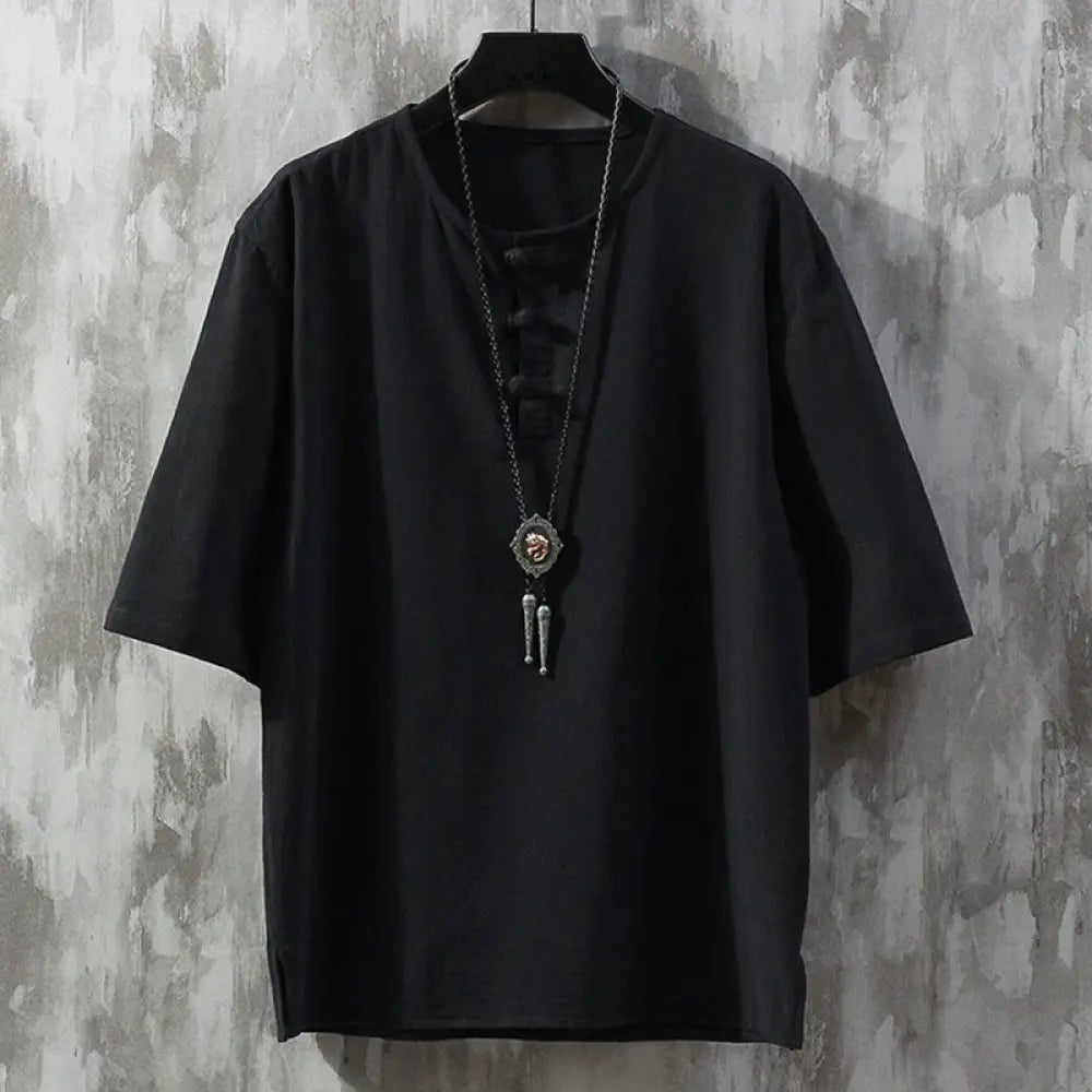 Buddha Stones Frog-Button Plain Color Chinese Tang Suit Half Sleeve Shirt Linen Men Clothing - Black / US/UK/AU34，EU44