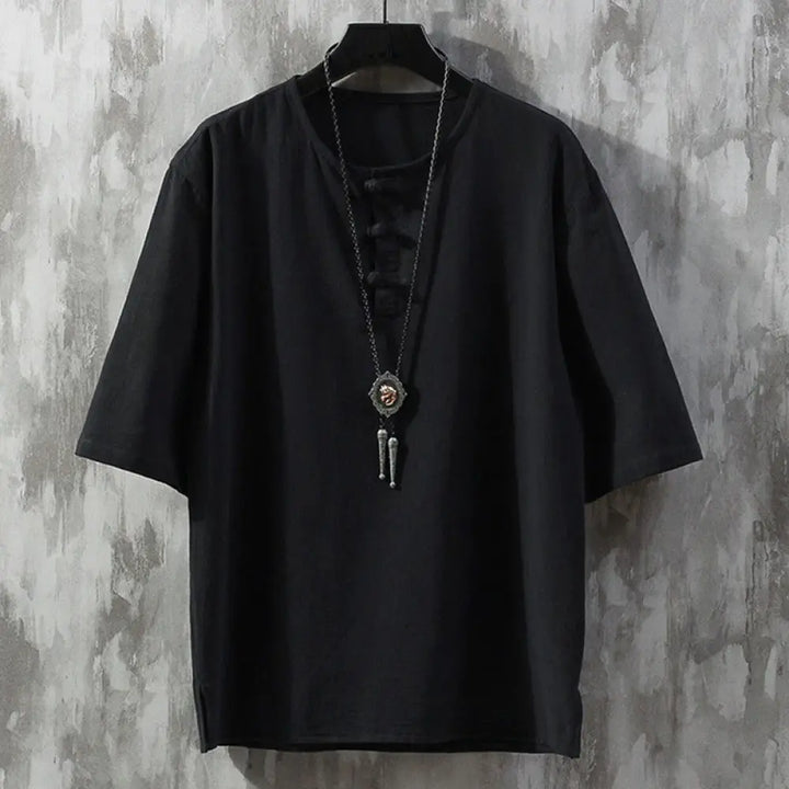 Buddha Stones Frog-Button Plain Color Chinese Tang Suit Half Sleeve Shirt Linen Men Clothing - Black / US/UK/AU34，EU44