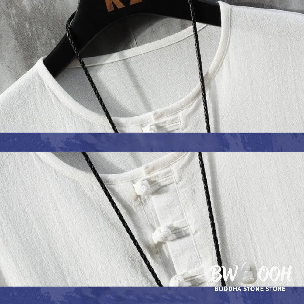 Buddha Stones Frog-Button Plain Color Chinese Tang Suit Half Sleeve Shirt Linen Men Clothing - Men’s Shirts