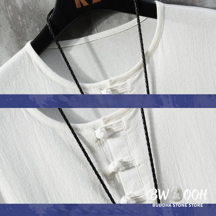 Buddha Stones Frog-Button Plain Color Chinese Tang Suit Half Sleeve Shirt Linen Men Clothing - Men’s Shirts