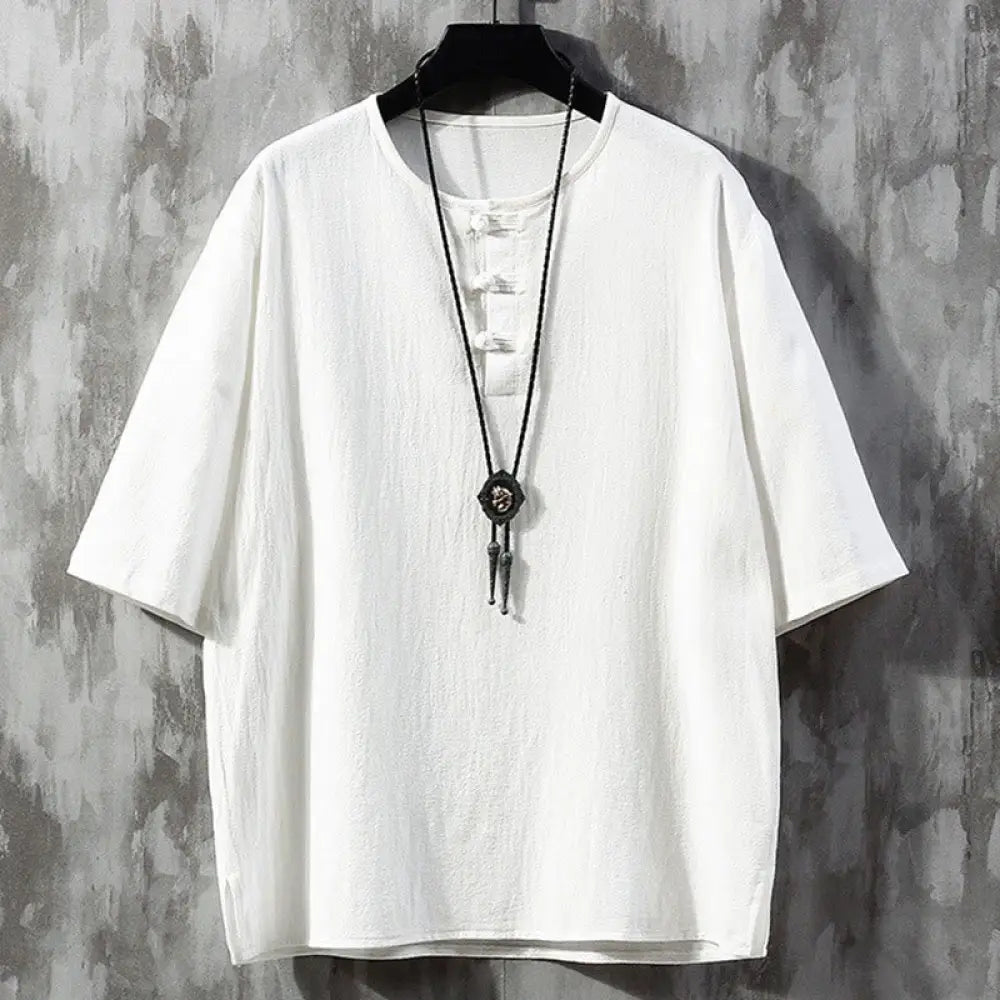 Buddha Stones Frog-Button Plain Color Chinese Tang Suit Half Sleeve Shirt Linen Men Clothing - White / US/UK/AU34，EU44