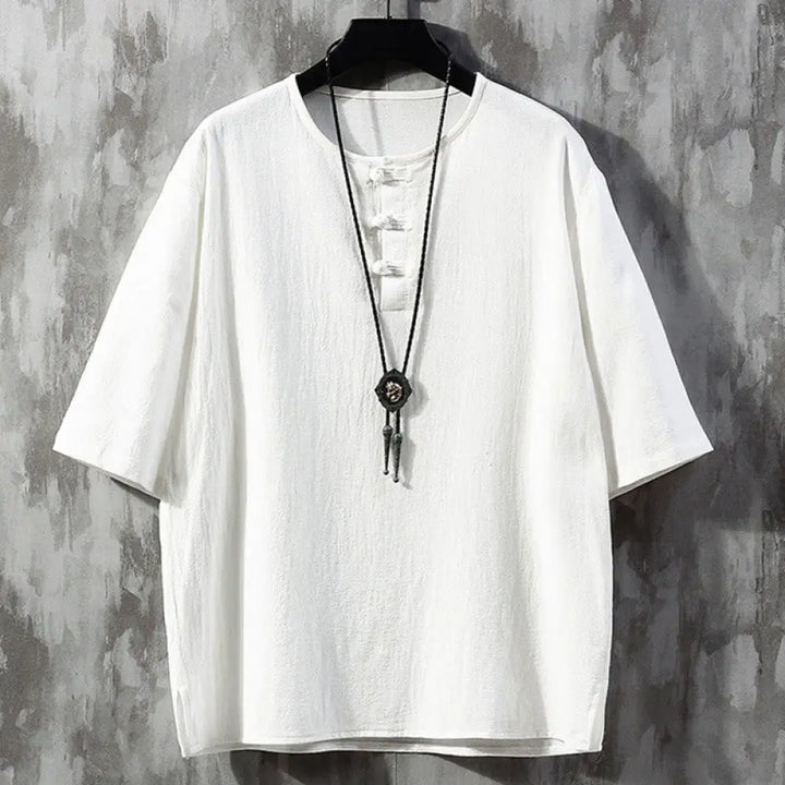 Buddha Stones Frog-Button Plain Color Chinese Tang Suit Half Sleeve Shirt Linen Men Clothing - White / US/UK/AU34，EU44