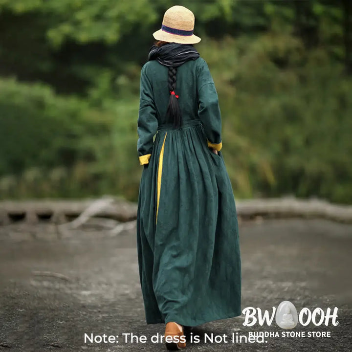 Buddha Stones Frog-Button Plain V-Neck Long Sleeve Cotton Midi Dress With Pockets - Midi Dress