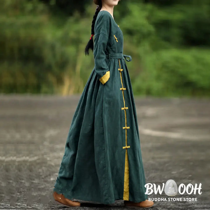 Buddha Stones Frog-Button Plain V-Neck Long Sleeve Cotton Midi Dress With Pockets - Midi Dress