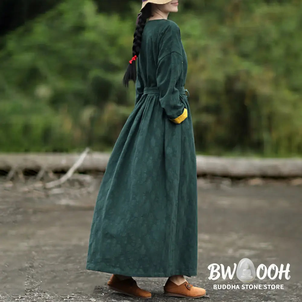 Buddha Stones Frog-Button Plain V-Neck Long Sleeve Cotton Midi Dress With Pockets - Midi Dress