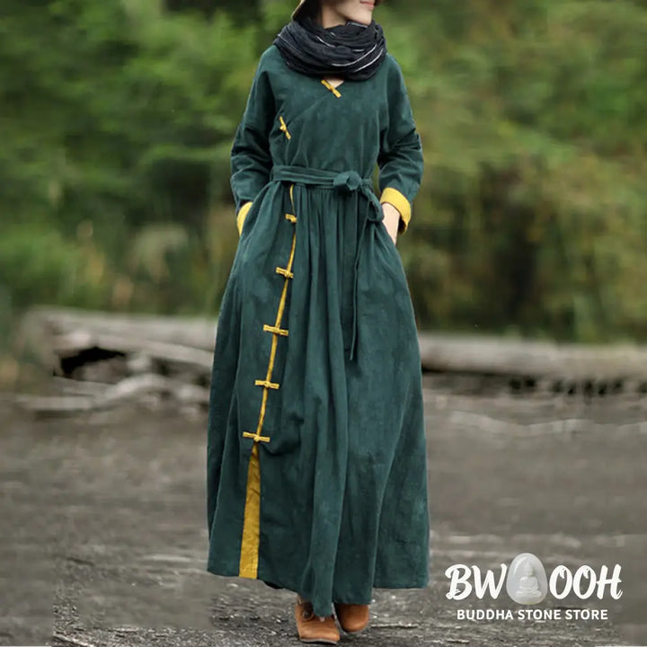 Buddha Stones Frog-Button Plain V-Neck Long Sleeve Cotton Midi Dress With Pockets - Midi Dress