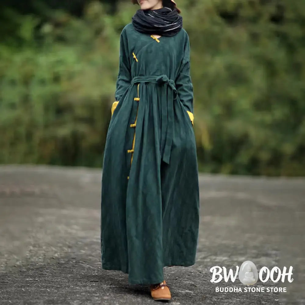 Buddha Stones Frog-Button Plain V-Neck Long Sleeve Cotton Midi Dress With Pockets - Midi Dress