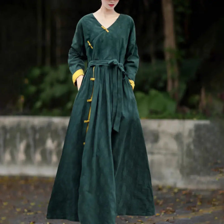 BWOOOH Frog-Button Plain V-Neck Long Sleeve Cotton Midi D