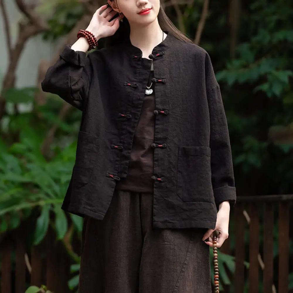 Buddha Stones Frog-Button Shirt Zen Meditation Top Clothing Cotton Linen Jacket - Black(Bust 120cm)(Top Only) - Jacket