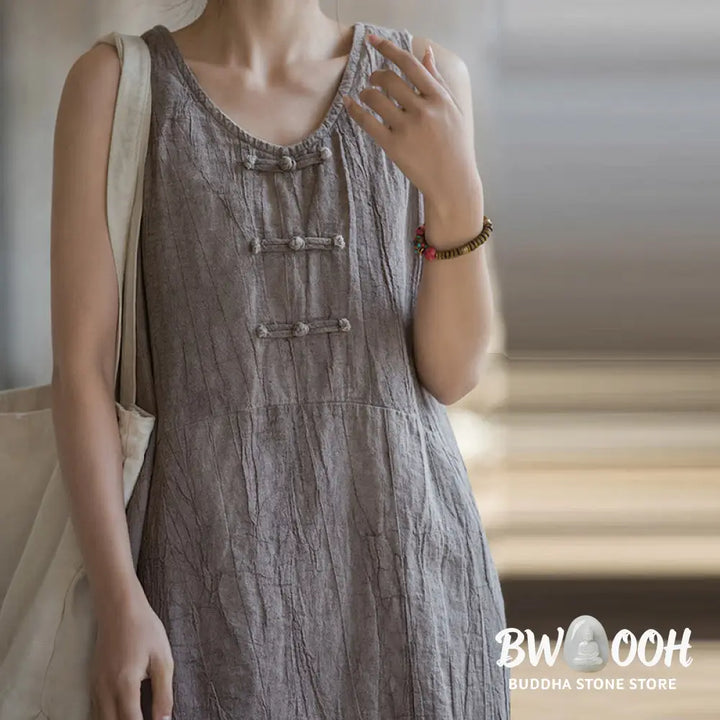 Buddha Stones Frog-Button Sleeveless Cami Midi Dress Ramie Linen Wide Leg Pants With Pockets - Midi Dress&amp;Wide Leg Pants