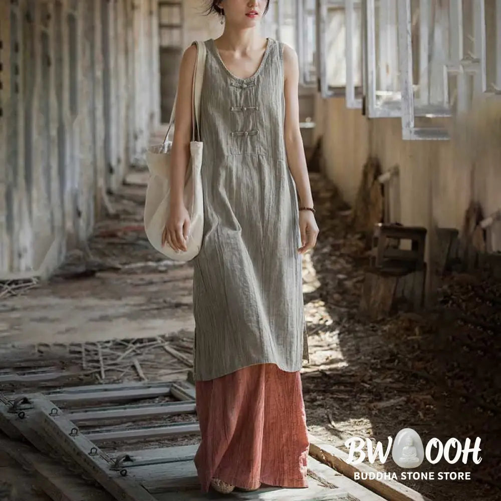 Buddha Stones Frog-Button Sleeveless Cami Midi Dress Ramie Linen Wide Leg Pants With Pockets - Midi Dress&amp;Wide Leg Pants