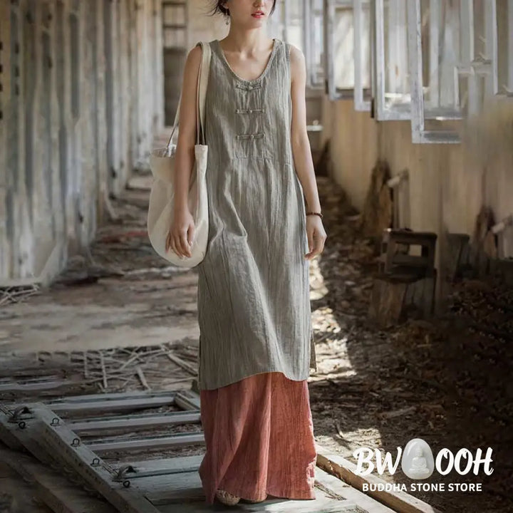 Buddha Stones Frog-Button Sleeveless Cami Midi Dress Ramie Linen Wide Leg Pants With Pockets - Midi Dress&amp;Wide Leg Pants