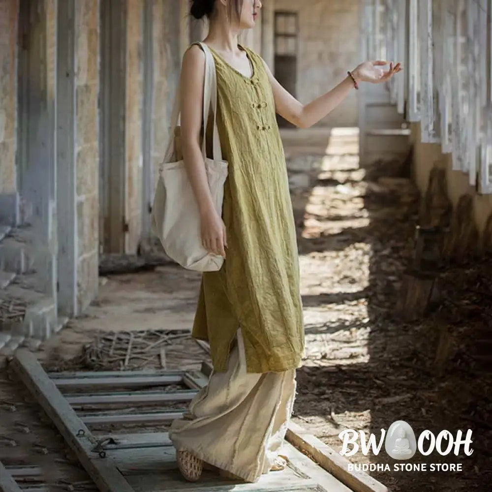 Buddha Stones Frog-Button Sleeveless Cami Midi Dress Ramie Linen Wide Leg Pants With Pockets - Midi Dress&amp;Wide Leg Pants