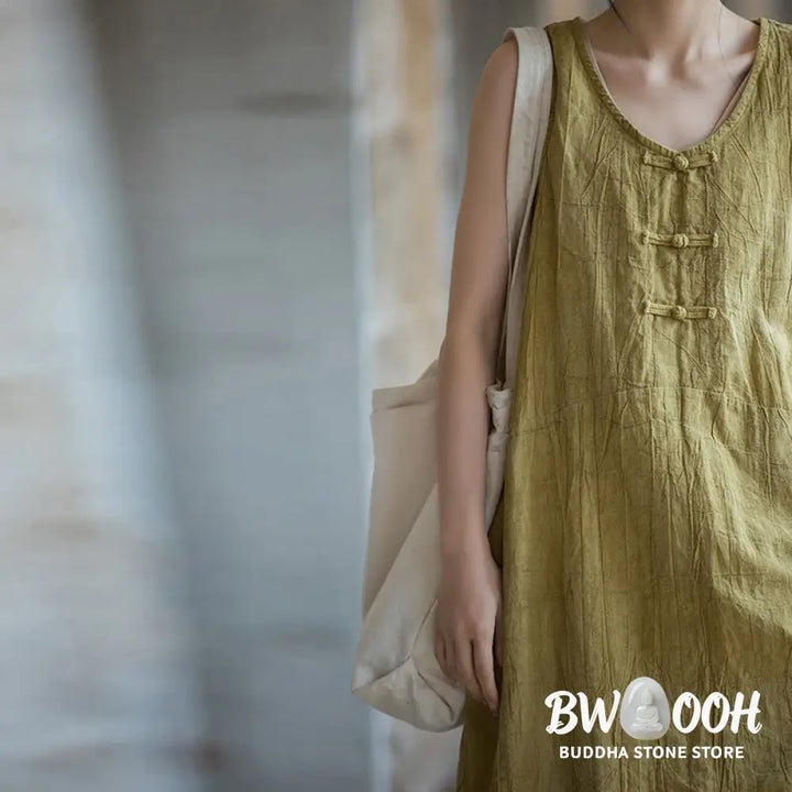 Buddha Stones Frog-Button Sleeveless Cami Midi Dress Ramie Linen Wide Leg Pants With Pockets - Midi Dress&amp;Wide Leg Pants