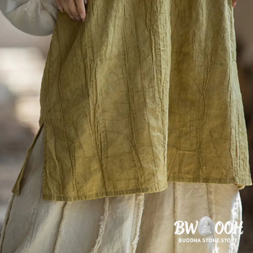 Buddha Stones Frog-Button Sleeveless Cami Midi Dress Ramie Linen Wide Leg Pants With Pockets - Midi Dress&amp;Wide Leg Pants