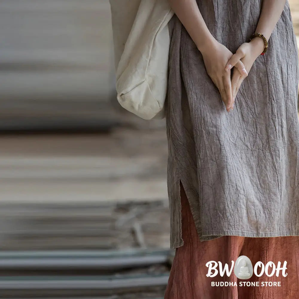 Buddha Stones Frog-Button Sleeveless Cami Midi Dress Ramie Linen Wide Leg Pants With Pockets - Midi Dress&amp;Wide Leg Pants