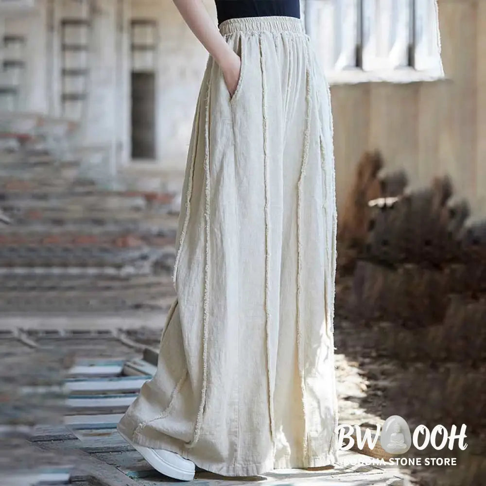 Buddha Stones Frog-Button Sleeveless Cami Midi Dress Ramie Linen Wide Leg Pants With Pockets - Midi Dress&amp;Wide Leg Pants