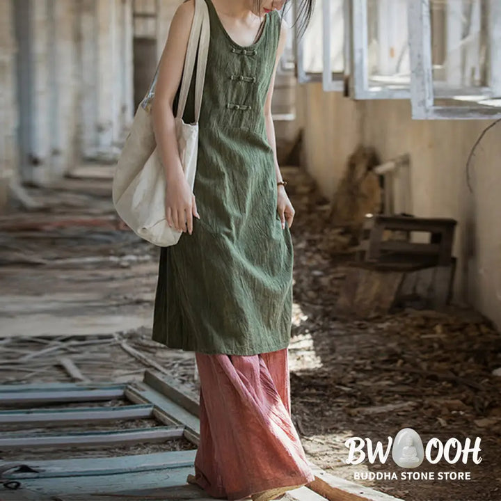 Buddha Stones Frog-Button Sleeveless Cami Midi Dress Ramie Linen Wide Leg Pants With Pockets - Midi Dress&amp;Wide Leg Pants