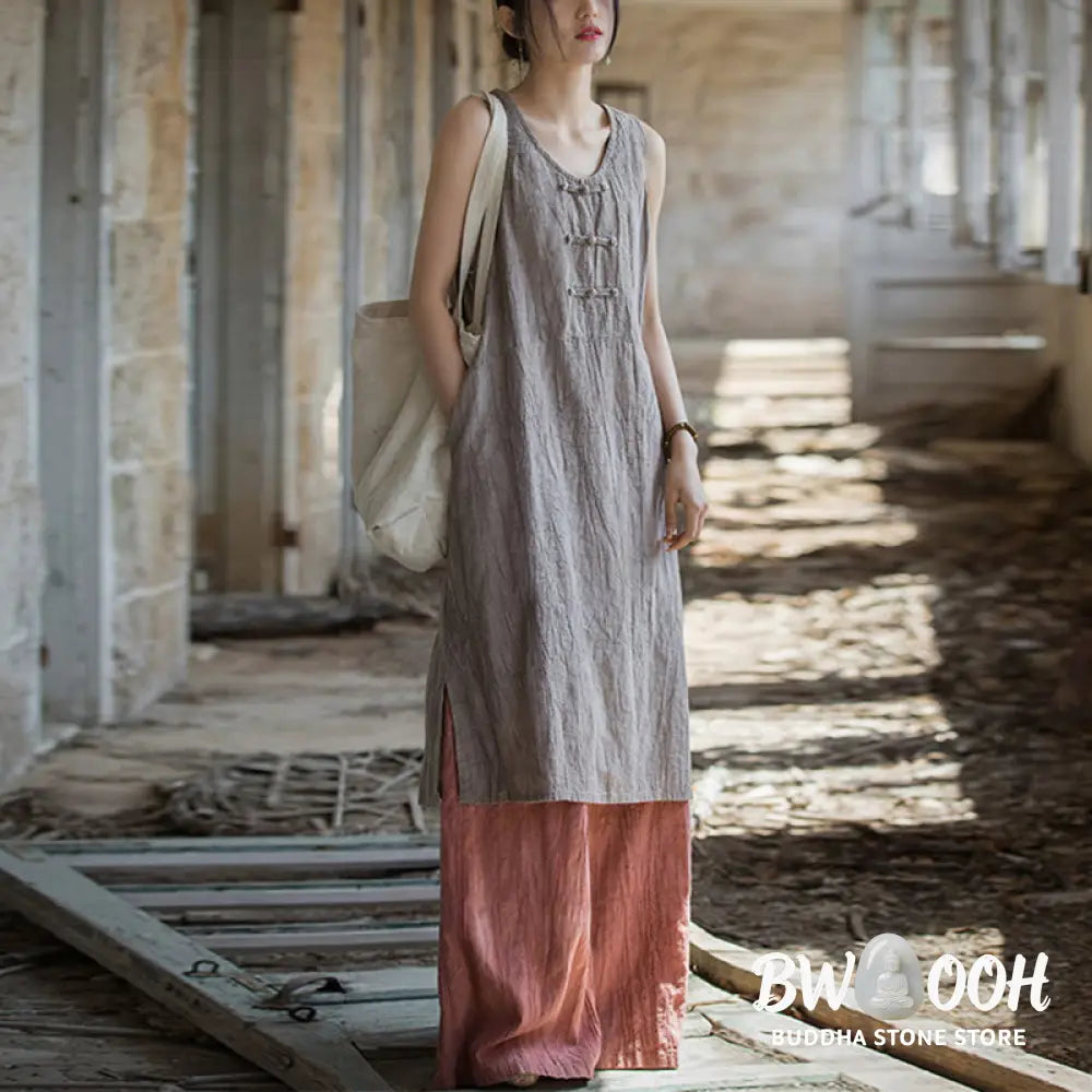 Buddha Stones Frog-Button Sleeveless Cami Midi Dress Ramie Linen Wide Leg Pants With Pockets - Midi Dress&amp;Wide Leg Pants
