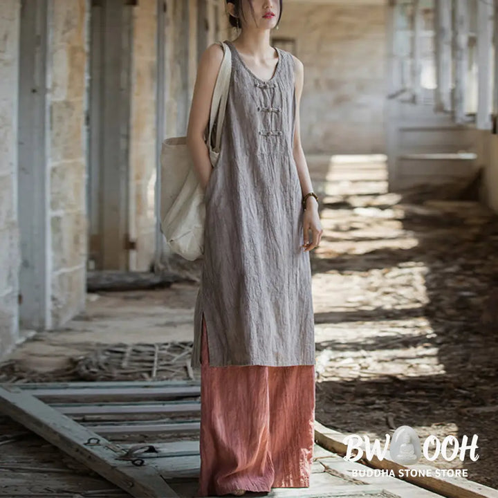 Buddha Stones Frog-Button Sleeveless Cami Midi Dress Ramie Linen Wide Leg Pants With Pockets - Midi Dress&amp;Wide Leg Pants