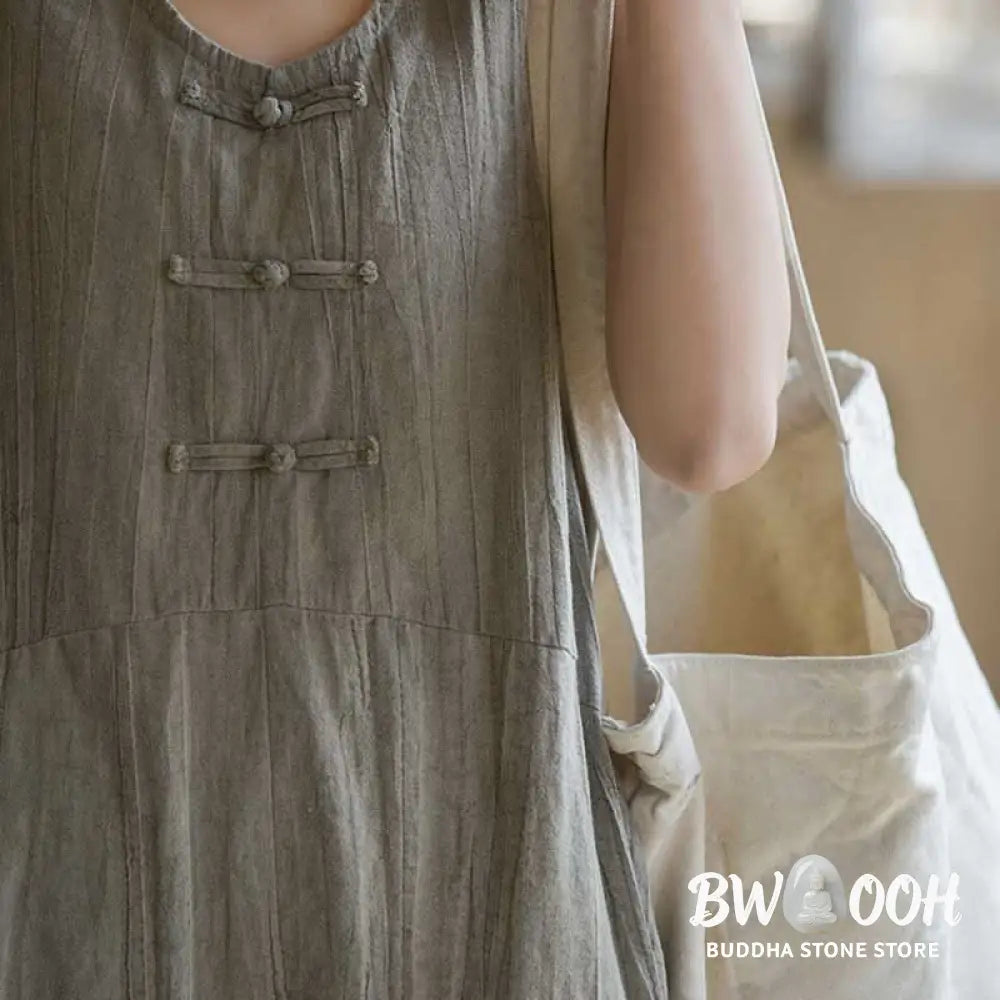 Buddha Stones Frog-Button Sleeveless Cami Midi Dress Ramie Linen Wide Leg Pants With Pockets - Midi Dress&amp;Wide Leg Pants