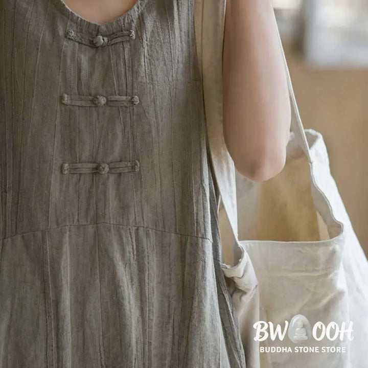 Buddha Stones Frog-Button Sleeveless Cami Midi Dress Ramie Linen Wide Leg Pants With Pockets - Midi Dress&amp;Wide Leg Pants