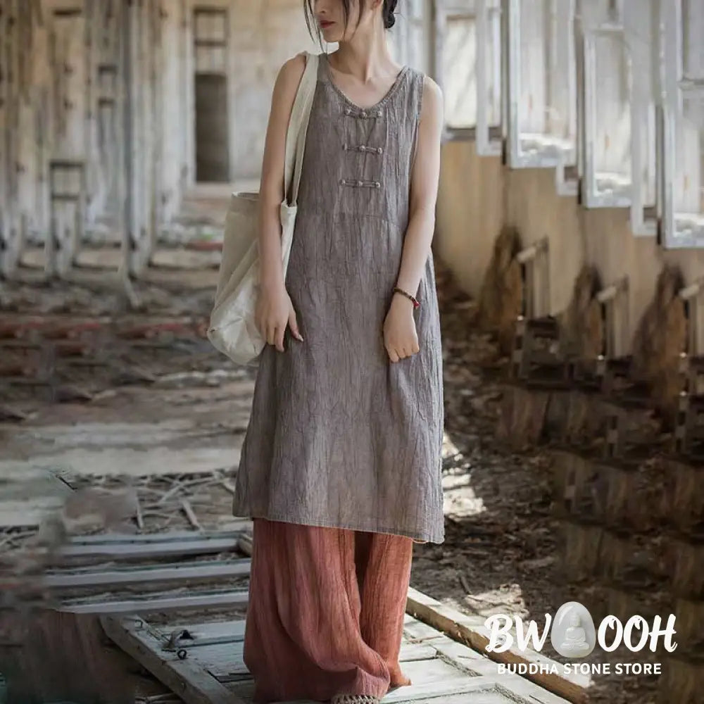 Buddha Stones Frog-Button Sleeveless Cami Midi Dress Ramie Linen Wide Leg Pants With Pockets - Midi Dress&amp;Wide Leg Pants