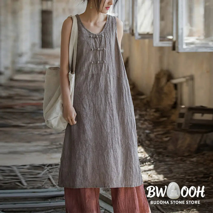 Buddha Stones Frog-Button Sleeveless Cami Midi Dress Ramie Linen Wide Leg Pants With Pockets - Midi Dress&amp;Wide Leg Pants