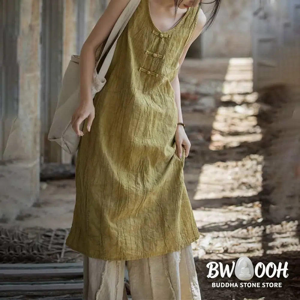 Buddha Stones Frog-Button Sleeveless Cami Midi Dress Ramie Linen Wide Leg Pants With Pockets - Midi Dress&amp;Wide Leg Pants