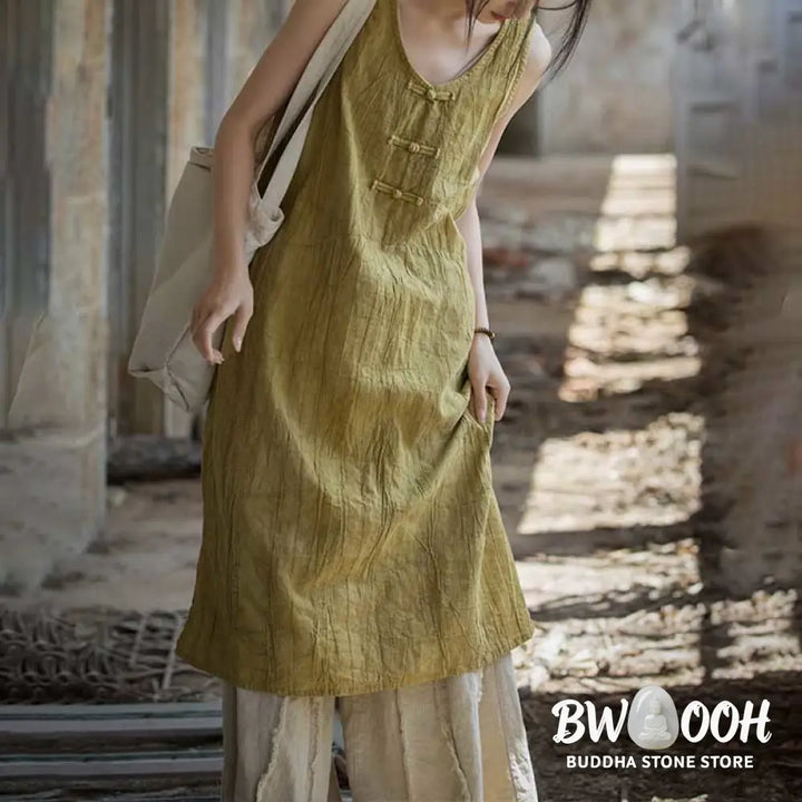 Buddha Stones Frog-Button Sleeveless Cami Midi Dress Ramie Linen Wide Leg Pants With Pockets - Midi Dress&amp;Wide Leg Pants