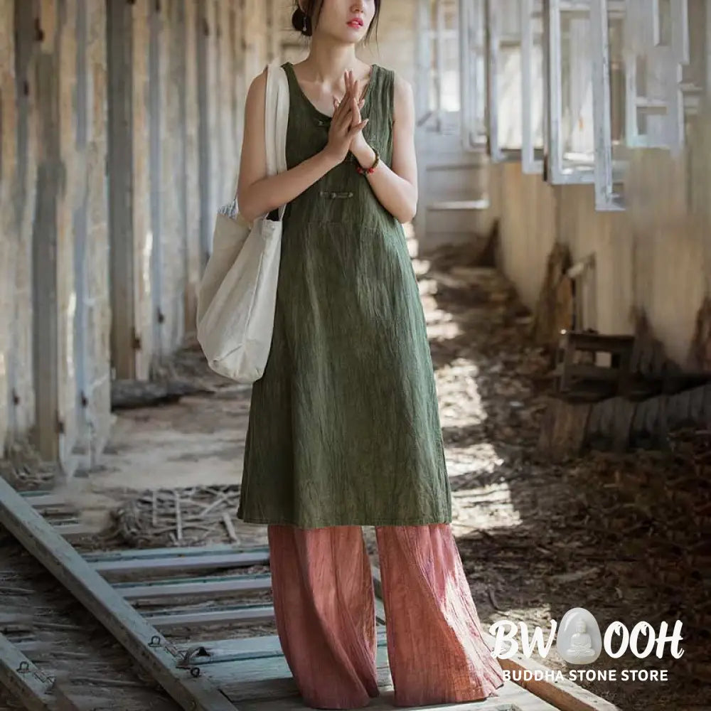 Buddha Stones Frog-Button Sleeveless Cami Midi Dress Ramie Linen Wide Leg Pants With Pockets - Midi Dress&amp;Wide Leg Pants
