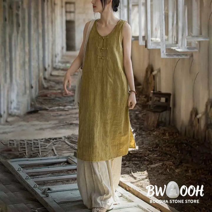Buddha Stones Frog-Button Sleeveless Cami Midi Dress Ramie Linen Wide Leg Pants With Pockets - Midi Dress&amp;Wide Leg Pants