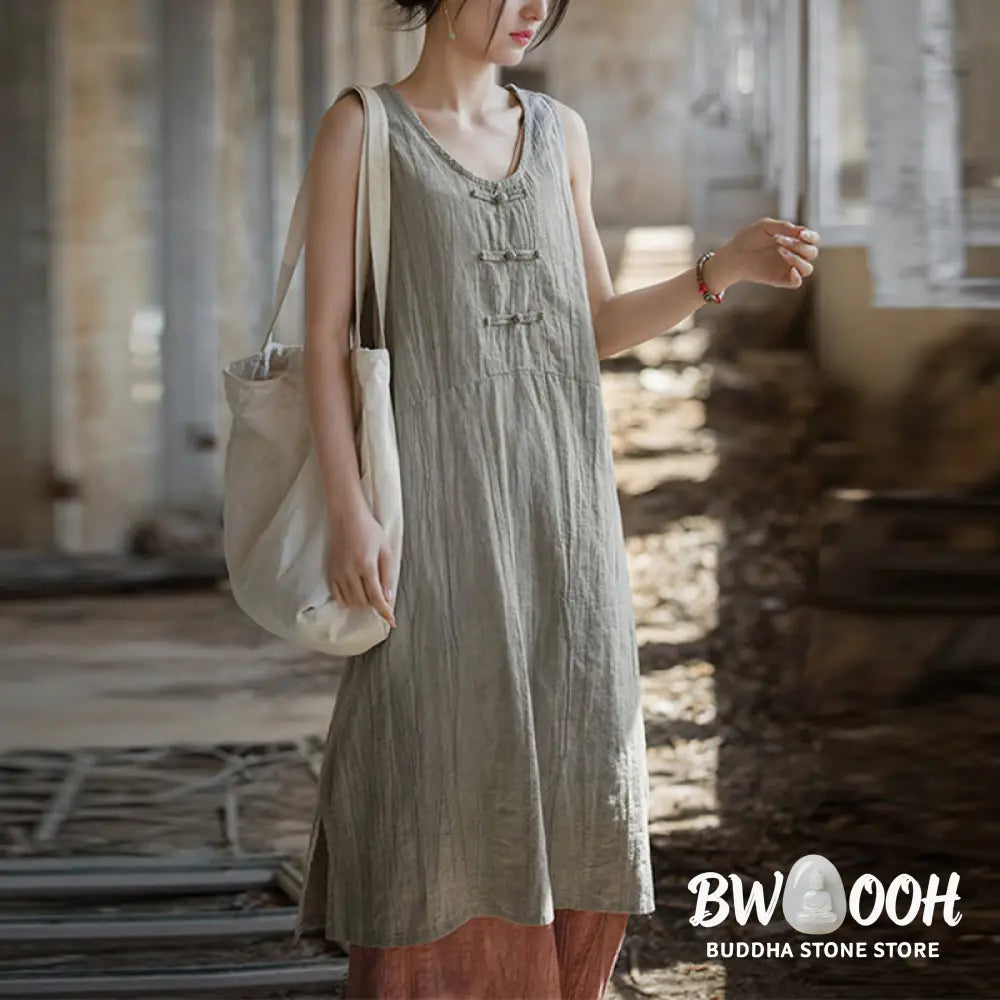 Buddha Stones Frog-Button Sleeveless Cami Midi Dress Ramie Linen Wide Leg Pants With Pockets - Midi Dress&amp;Wide Leg Pants