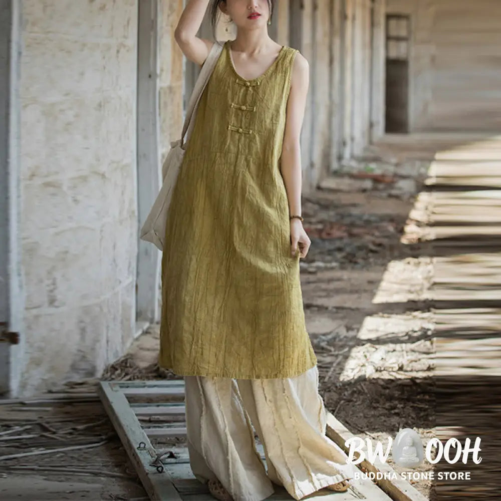 Buddha Stones Frog-Button Sleeveless Cami Midi Dress Ramie Linen Wide Leg Pants With Pockets - Midi Dress&amp;Wide Leg Pants