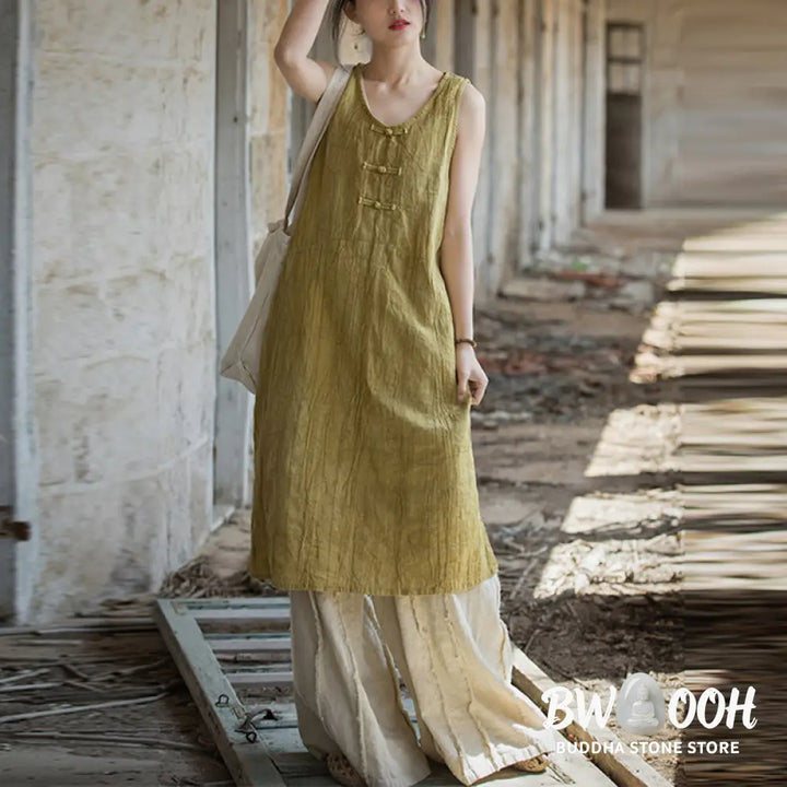 Buddha Stones Frog-Button Sleeveless Cami Midi Dress Ramie Linen Wide Leg Pants With Pockets - Midi Dress&amp;Wide Leg Pants