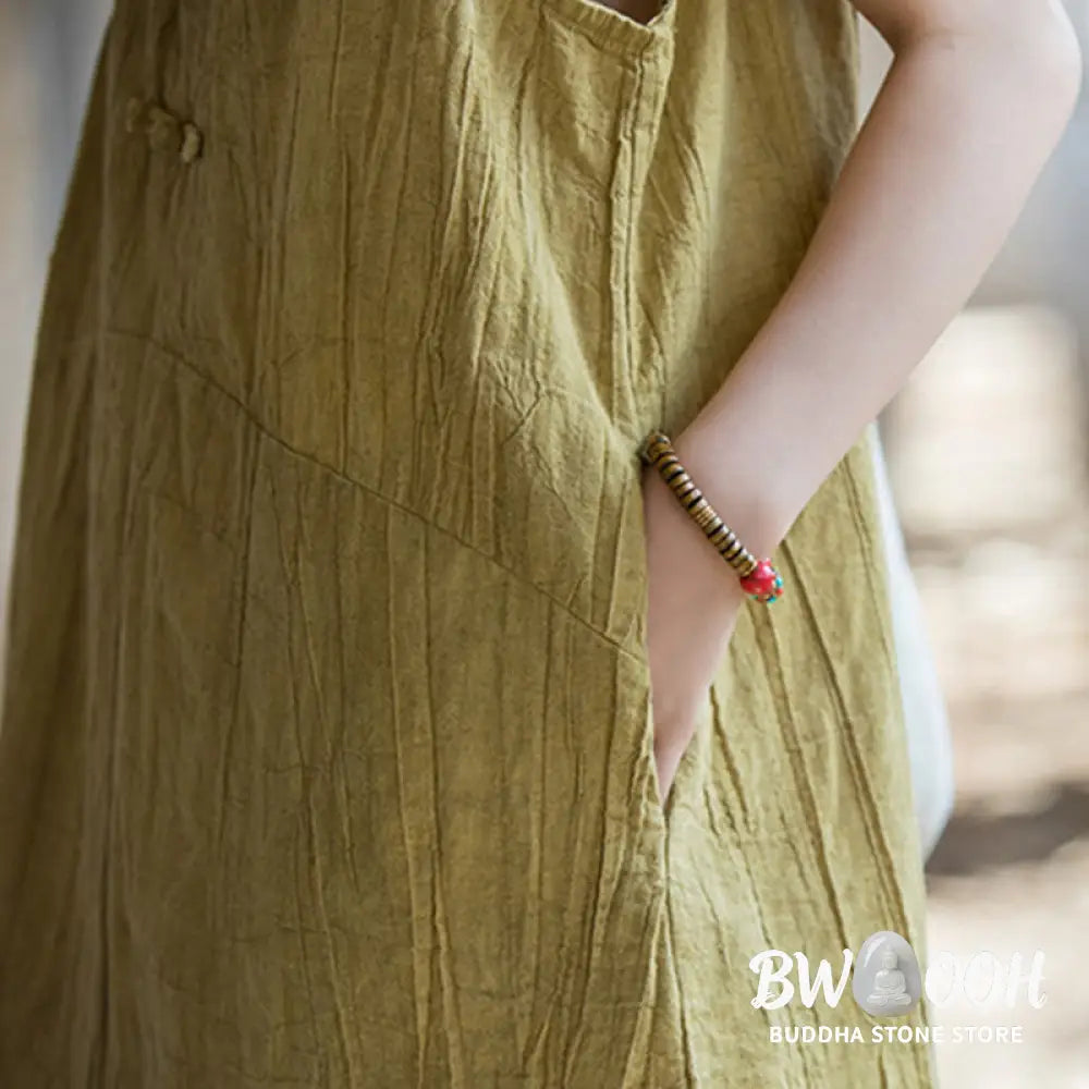 Buddha Stones Frog-Button Sleeveless Cami Midi Dress Ramie Linen Wide Leg Pants With Pockets - Midi Dress&amp;Wide Leg Pants