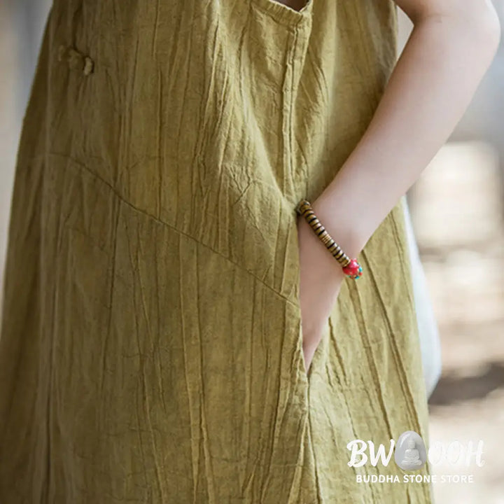 Buddha Stones Frog-Button Sleeveless Cami Midi Dress Ramie Linen Wide Leg Pants With Pockets - Midi Dress&amp;Wide Leg Pants
