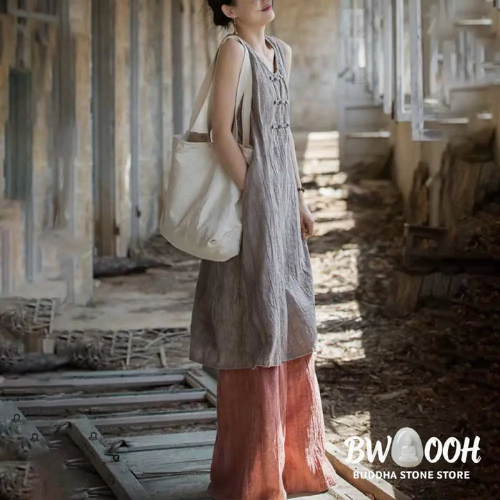 Buddha Stones Frog-Button Sleeveless Cami Midi Dress Ramie Linen Wide Leg Pants With Pockets - Midi Dress&amp;Wide Leg Pants
