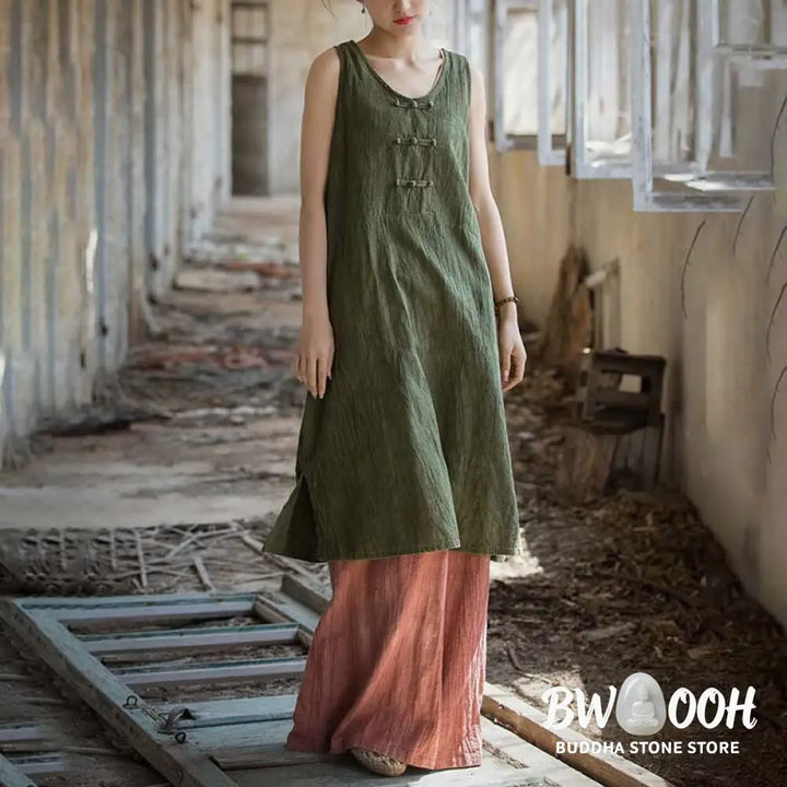 Buddha Stones Frog-Button Sleeveless Cami Midi Dress Ramie Linen Wide Leg Pants With Pockets - Midi Dress&amp;Wide Leg Pants