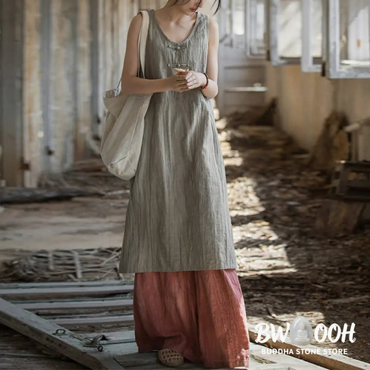 Buddha Stones Frog-Button Sleeveless Cami Midi Dress Ramie Linen Wide Leg Pants With Pockets - Midi Dress&amp;Wide Leg Pants