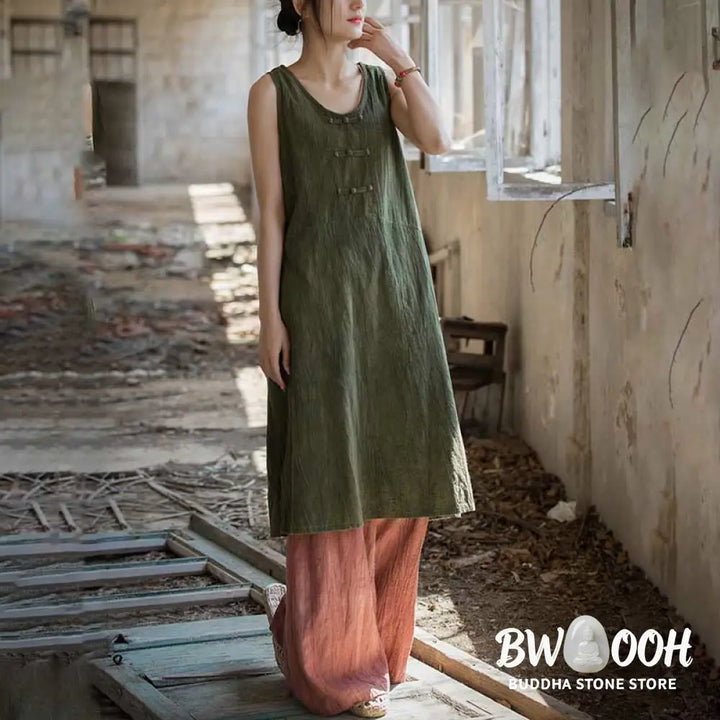 Buddha Stones Frog-Button Sleeveless Cami Midi Dress Ramie Linen Wide Leg Pants With Pockets - Midi Dress&amp;Wide Leg Pants