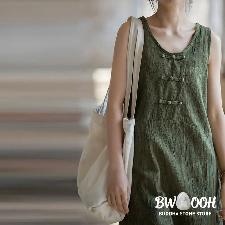 Buddha Stones Frog-Button Sleeveless Cami Midi Dress Ramie Linen Wide Leg Pants With Pockets - Midi Dress&amp;Wide Leg Pants