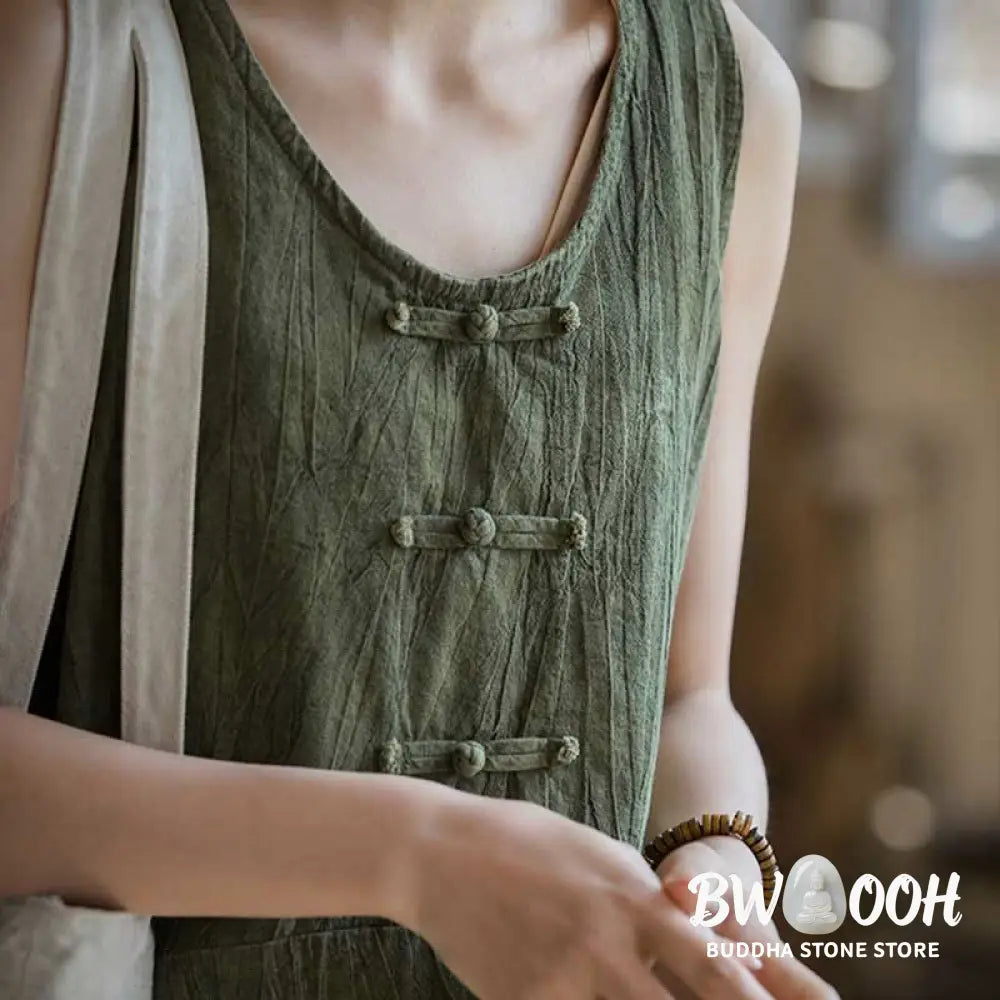 Buddha Stones Frog-Button Sleeveless Cami Midi Dress Ramie Linen Wide Leg Pants With Pockets - Midi Dress&amp;Wide Leg Pants