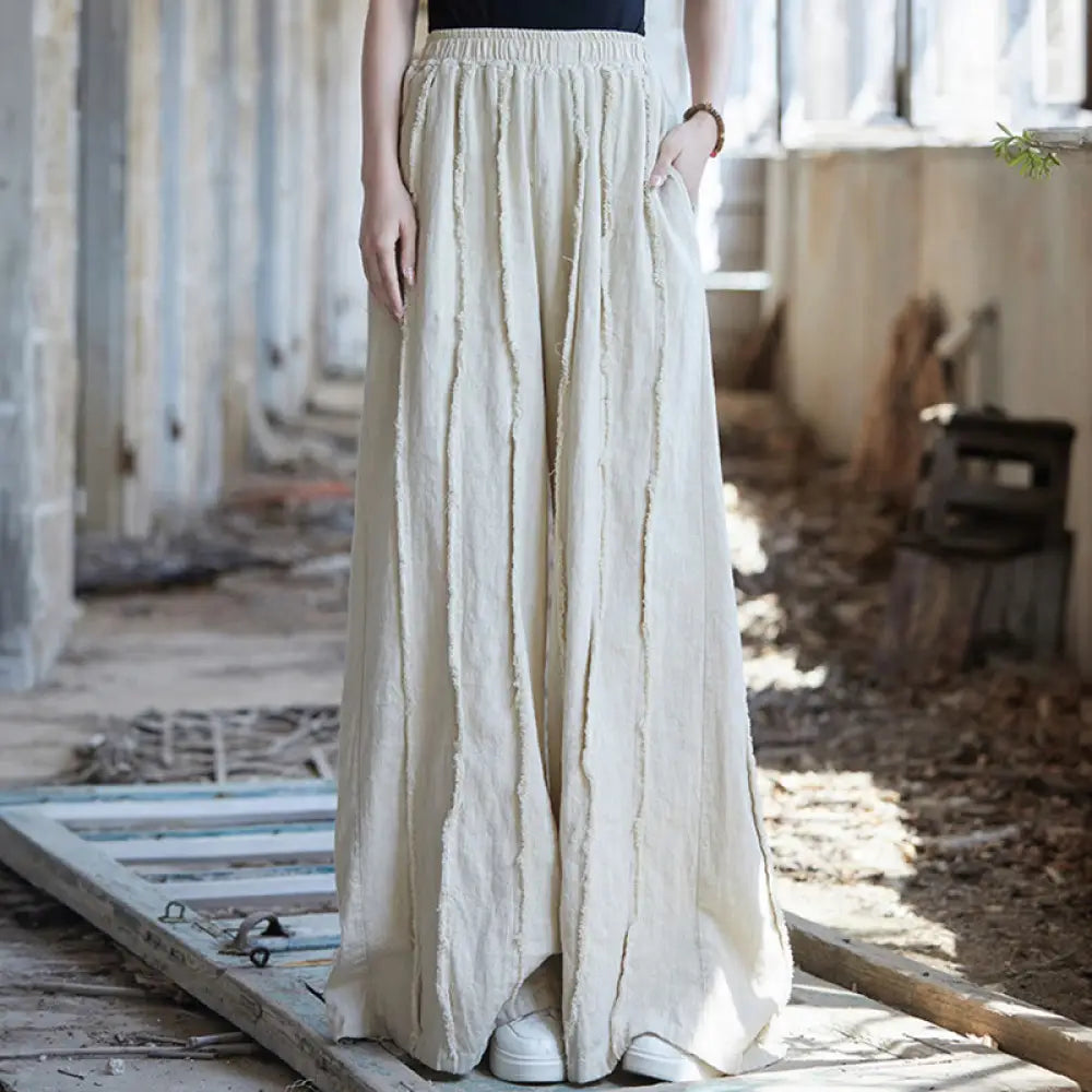 Buddha Stones Frog-Button Sleeveless Cami Midi Dress Ramie Linen Wide Leg Pants With Pockets - Beige Pants