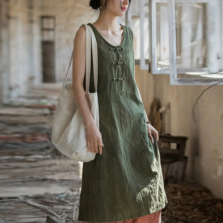 Buddha Stones Frog-Button Sleeveless Cami Midi Dress Ramie Linen Wide Leg Pants With Pockets - DarkSeaGreen Dress(Dress