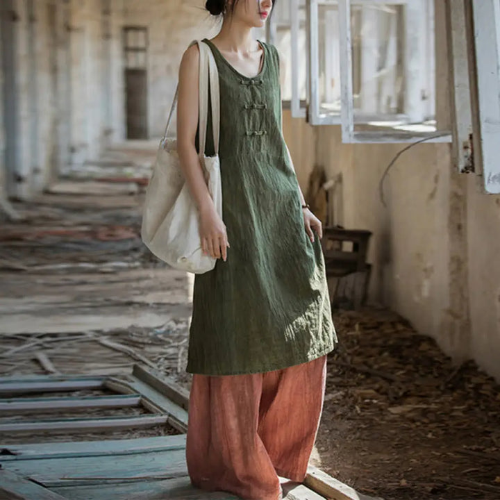 Buddha Stones Frog-Button Sleeveless Cami Midi Dress Ramie Linen Wide Leg Pants With Pockets - DarkSeaGreen Dress&amp;Red