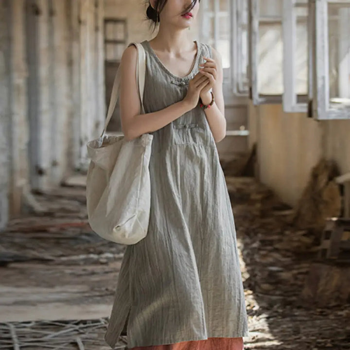 Buddha Stones Frog-Button Sleeveless Cami Midi Dress Ramie Linen Wide Leg Pants With Pockets - Linen Dress(Dress Only)